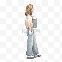 时尚阔腿裤图片_手绘水彩灰色系简约时尚服装挎包