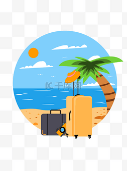 相机旅行图片_人物旅游沙滩椰子树阳光遮阳帽相