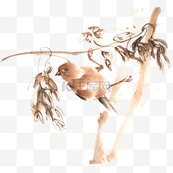 攀枝的小鸟水墨画PNG免抠素材