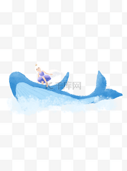 蓝色唯美鲸鱼和小女孩插画