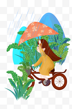 蓝色的自行车图片_ 骑车打伞的小女孩