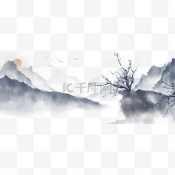 手绘山水画图片_中国风手绘水墨风景山水画