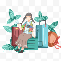 旅游坐在行李箱上的小女孩
