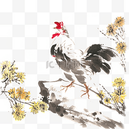国画上图片_岩石上的雄鸡水墨画PNG免抠素材