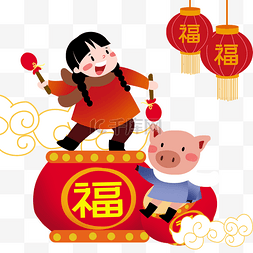 小女孩猪猪图片_新年人物和金猪插画