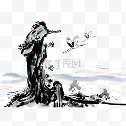 梅花宣纸图片_古树假山中国风水墨背景