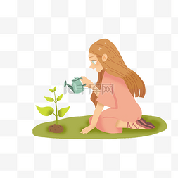绿色小草小花图片_植树节浇水环保女孩小树苗png格式