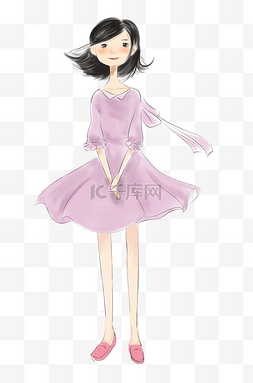 小清新紫色衣服女孩手绘插画