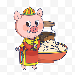 手绘新年包饺子卡通小猪插画