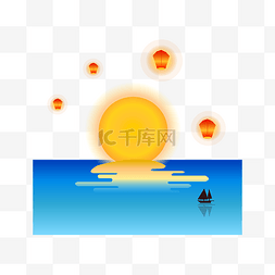 日落矢量图片_矢量手绘卡通太阳湖面