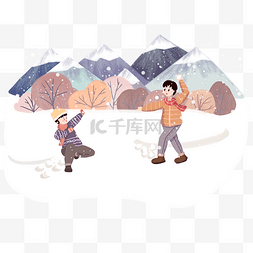 冬季雪景打雪仗手绘插画