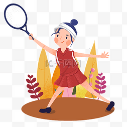 春季插画扁平图片_户外健身打羽毛球的小女孩手绘插