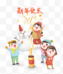 插画雪人图片_新年快乐放烟花手绘插画