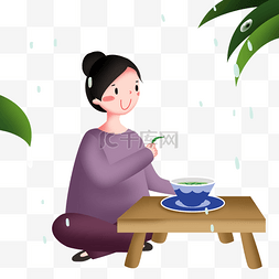 蓝色卡通水滴人图片_谷雨喝茶的小女孩