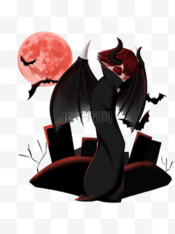 手绘万圣节恶魔黑色男孩红月蝙蝠