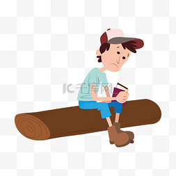 看书的小孩图片_卡通坐在木头上看书的男孩