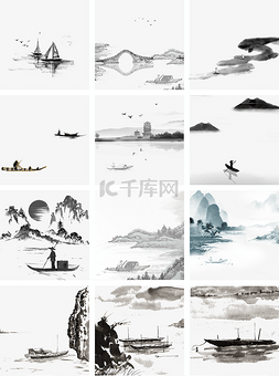 木图案图片_水墨风风景人在江面划船