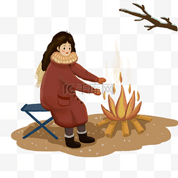 冬季旅行烤火的小女孩