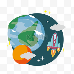 红色的太阳卡通手绘图片_宇宙航空飞船插画