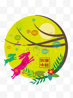 星空明月图片_中秋卡通扁平兔子月亮插画合集可