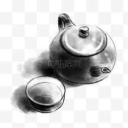 茶壶黑色图片_精致水墨茶具插画