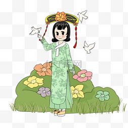 手绘古代美人图片_宫廷美人赏花插画