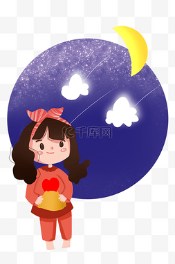 月亮带云朵图片_漂亮的小女孩和月亮