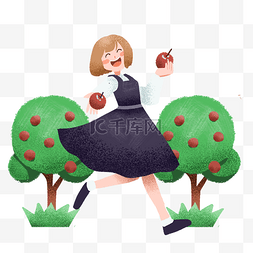 春季踏青吃苹果的小女孩插画