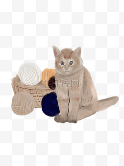 猫咪毛线图片_水彩绘猫咪和毛线psd插画素材