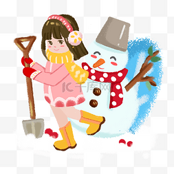 24节气小寒小女孩堆雪人手绘插画