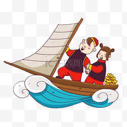 海浪和帆船图片_新年人物和轮船插画
