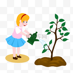 植树节短发女孩给树浇水手绘人物