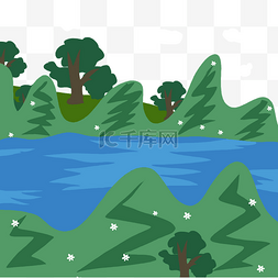 小河瀑布图片_绿色植物景色卡通插画