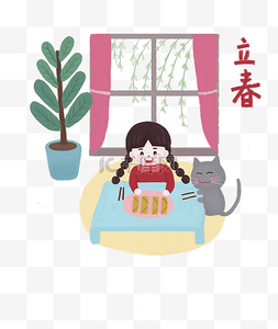 桌子图片_立春在家吃春卷的小女孩和小猫咪