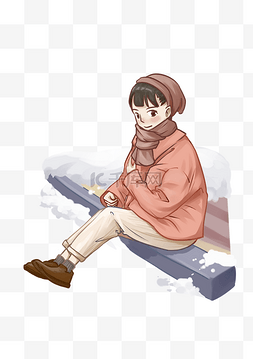 冬季坐雪地上女孩