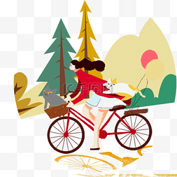 手绘插画小女孩骑自行车带着宠物