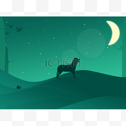 夜晚的沙漠图片_扁平插画夜晚月光森林里嚎叫的狗