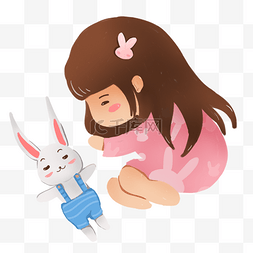 卡通兔子免抠图图片_漂亮的小女孩在玩兔子免抠图
