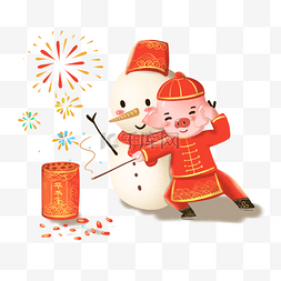 年系列插画图片_2019年猪年春节插画系列放鞭炮