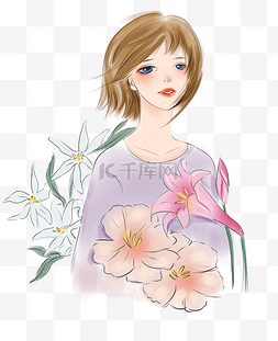 花与少女手绘清新插画