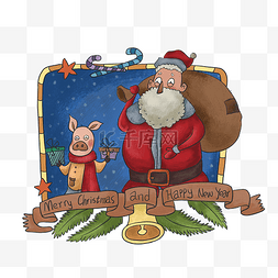 手绘卡通猪猪元素图片_圣诞节圣诞老人送礼物