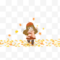 秋天落叶图案图片_秋天落叶中的女孩手绘插画