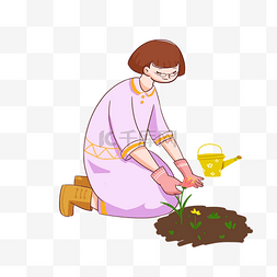 卡通浇植物图片_种花的女孩免抠素材