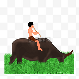 骑牛的男孩图片_卡通男孩骑着水牛