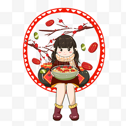 团圆场景图片_腊八节喝腊八粥的女孩手绘插画