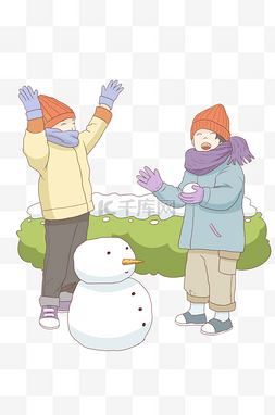 两个小女孩插画图片_两个小孩子堆雪人