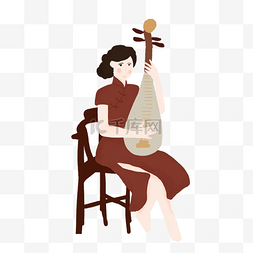 坐凳子的女人图片_弹琵芭的旗袍女人 