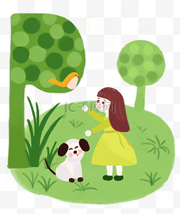 立春小女孩和小狗在草地玩