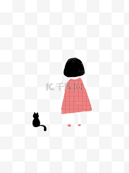 女生猫插画图片_可爱小女孩和她的小猫背影设计