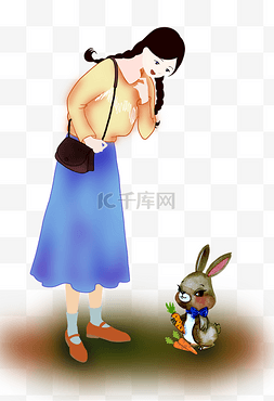 蓝裙子卡通图片_发现小兔子的小女孩
